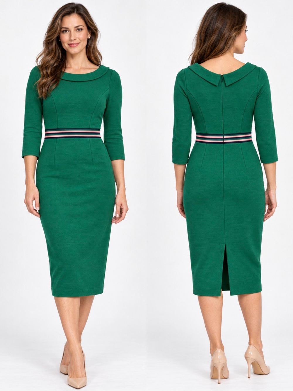 Boden Green Textured Ponte Sheath Dress Striped Waist Size 6L